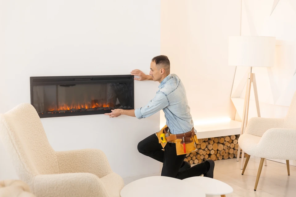 Professionnel du bâtiment effectuant des travaux de ramonage sur une cheminée en béton crépi