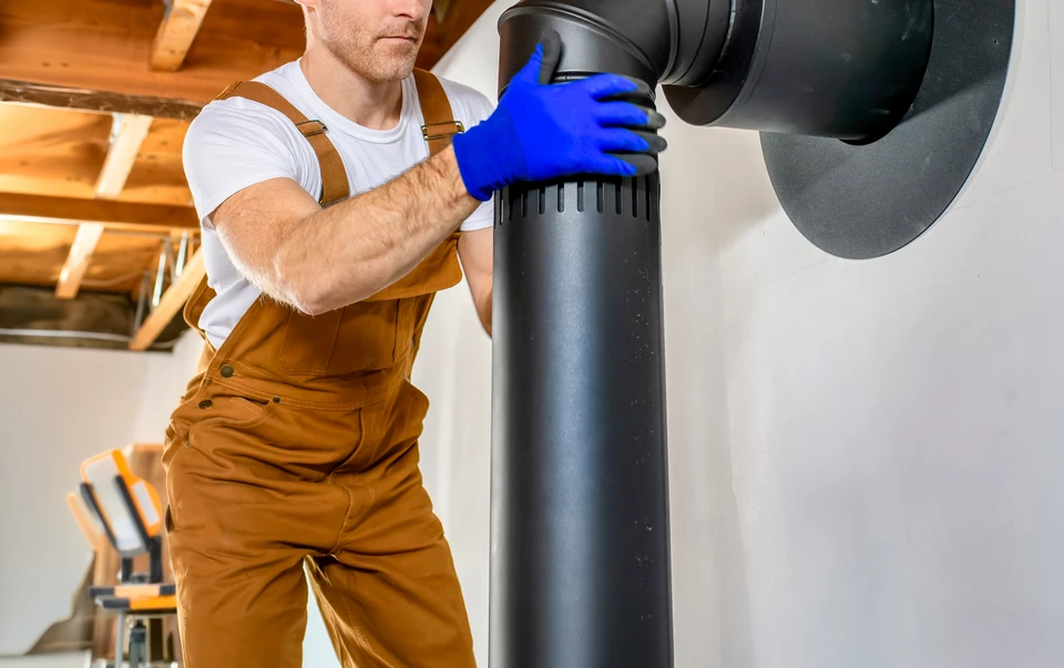 Jeune cheminée balaie au travail et porte un masque pour se protéger contre le coronavirus 19 pandémie